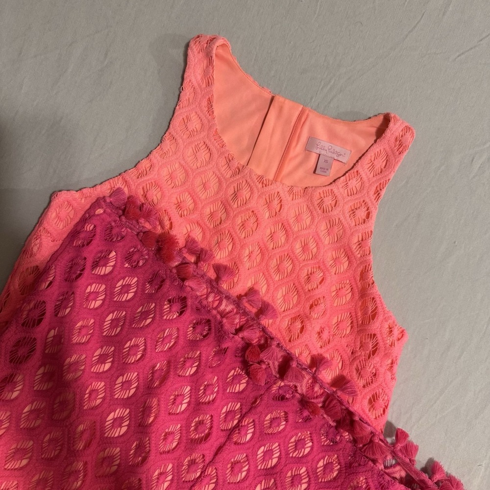 Lilly Pulitzer Marquette Shift dress Dragon fruit pink Ombre lace-tassels XS